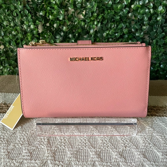 Michael Kors Handbags - Michael Kors Pink Saffiano Double Zip Wristlet Cellphone Wallet